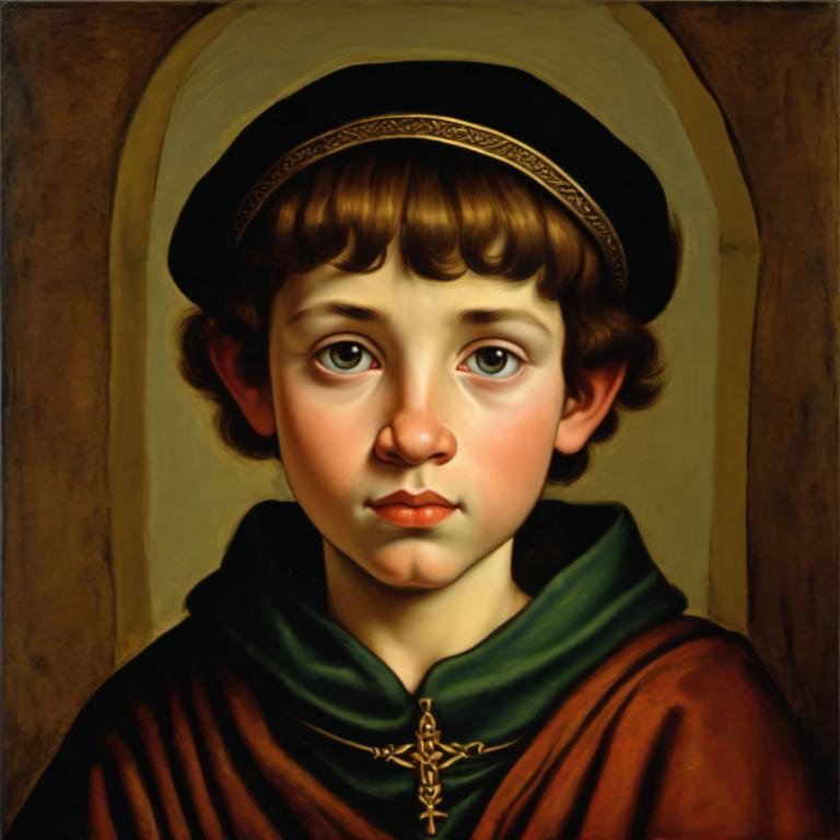 Tempera,Tempera, People, medieval european boy, portrait, solo, brown hair, hat, looking at viewer, realistic