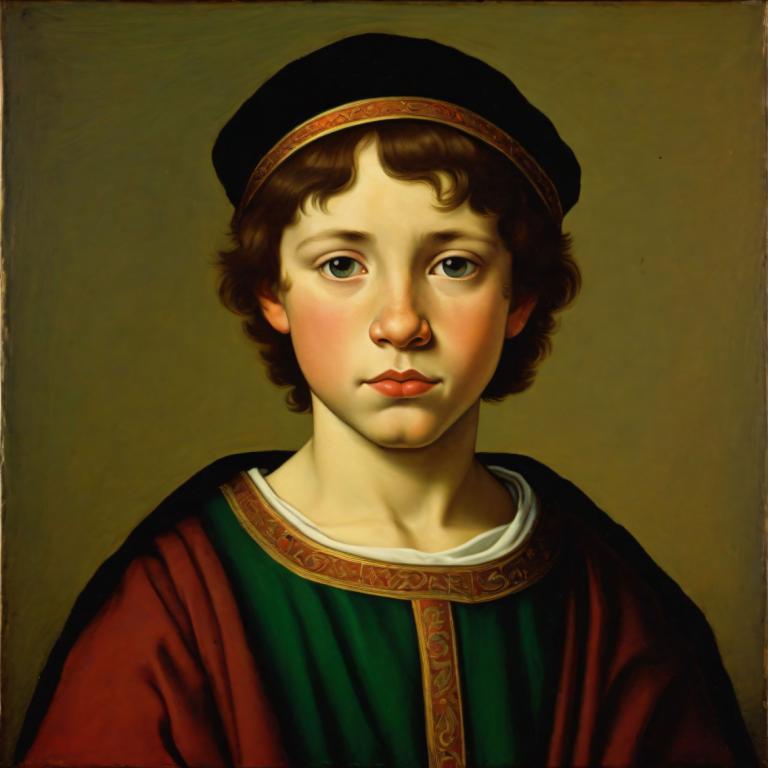 Tempera,Tempera, People, medieval european boy, portrait, solo, fine art parody, brown hair, realistic, hat