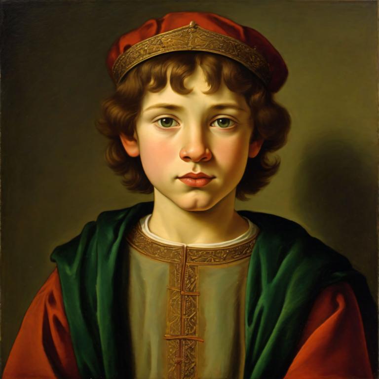 Tempera,Tempera, People, medieval european boy, portrait, solo, brown hair, realistic, fine art parody