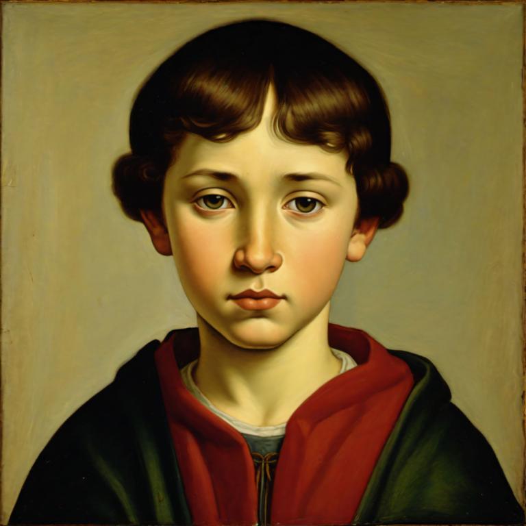 Tempera,Tempera, People, medieval european boy, portrait, solo, brown hair, looking at viewer, 1girl