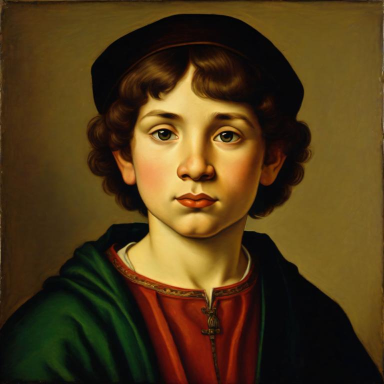 Tempera,Tempera, People, medieval european boy, portrait, solo, brown hair, fine art parody, realistic, hat