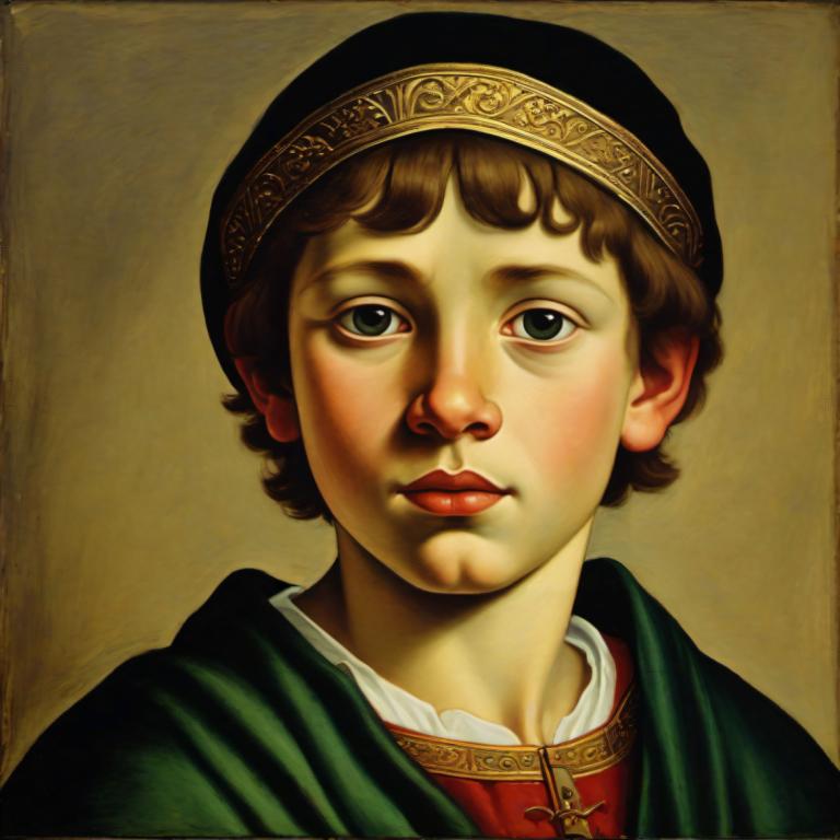 Tempera,Tempera, People, medieval european boy, portrait, solo, brown hair, fine art parody, hat, realistic