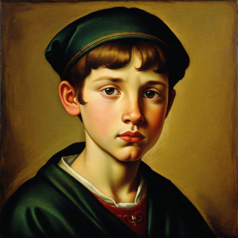 Tempera,Tempera, People, medieval european boy, portrait, solo, brown hair, hat, male focus, 1boy, realistic