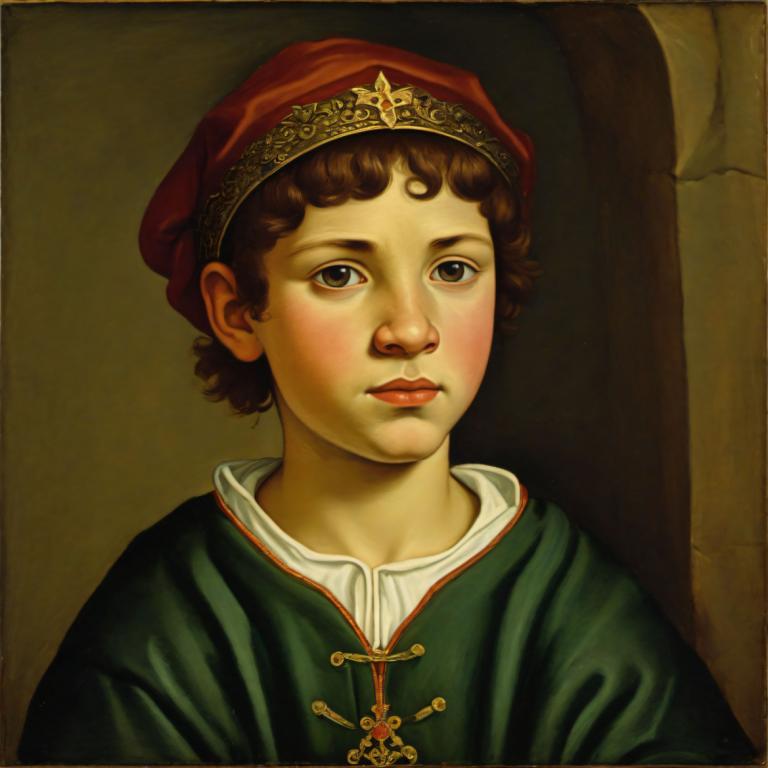 Tempera,Tempera, People, medieval european boy, portrait, solo, brown hair, fine art parody, hat, brown eyes