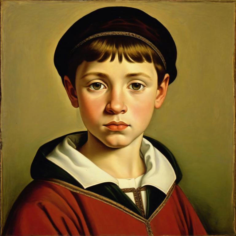 Tempera,Tempera, People, medieval european boy, portrait, solo, male focus, 1boy, hat, realistic, brown hair