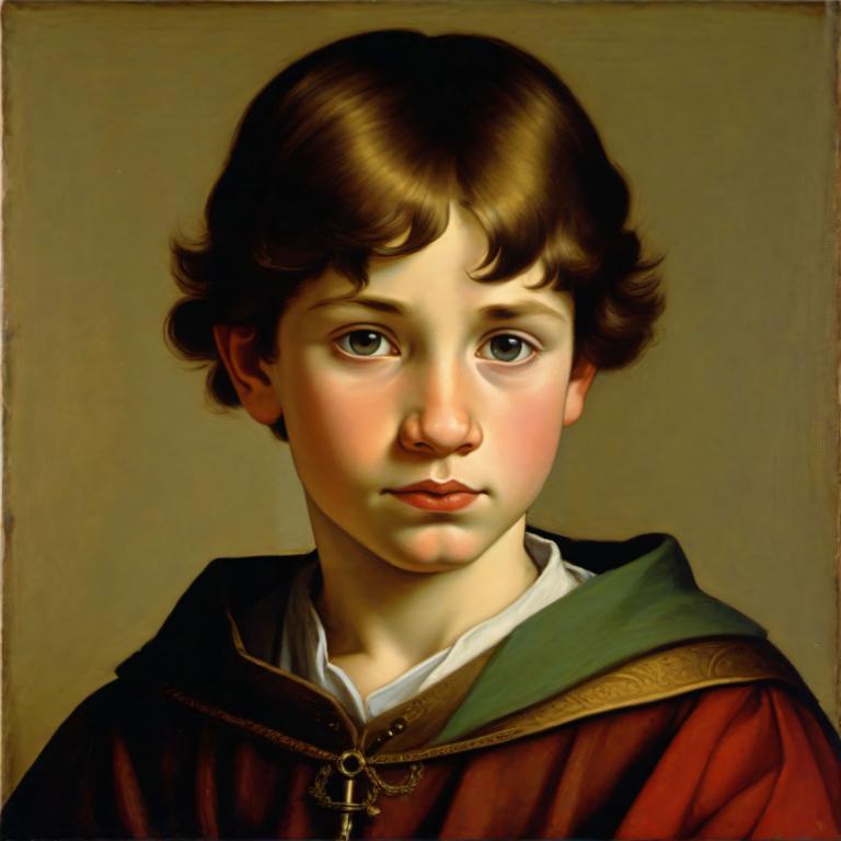 Tempera,Tempera, People, medieval european boy, portrait, solo, brown hair, 1boy, male focus, realistic