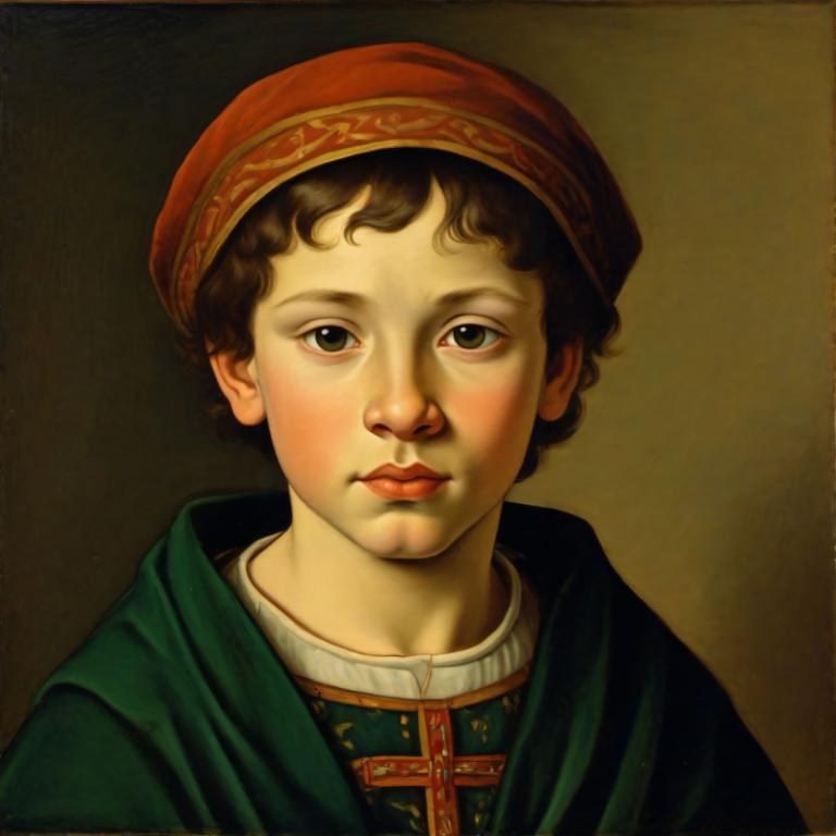 Intercambio de Rostro, Retrato clásico, Pintura al temple, Gente, niño medieval europeo, retrato, solo, enfoque masculino, 1 chico, Pelo castaño, sombrero, mirando al espectador, realista, parodia de bellas artes, retrato, boca cerrada, Ojos cafés, cabello corto, ojos negros, fondo marrón