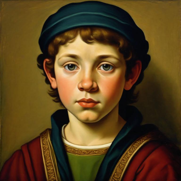 Tempera,Tempera, People, medieval european boy, portrait, solo, realistic, brown hair, male focus, 1boy