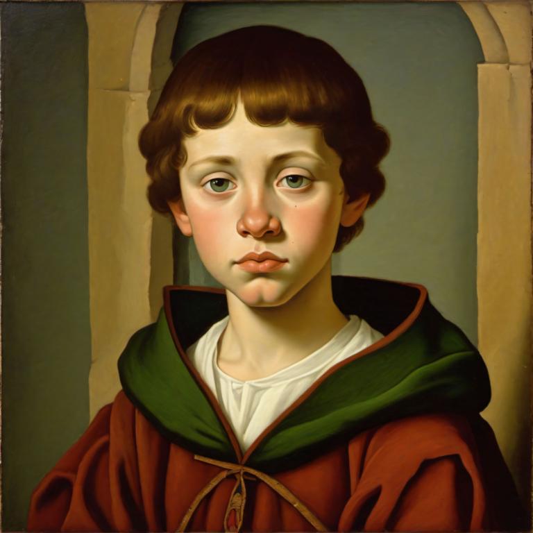 Tempera,Tempera, People, medieval european boy, portrait, solo, brown hair, male focus, 1boy, realistic