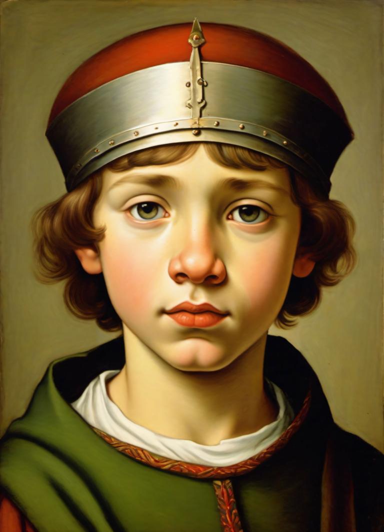 Tempera,Tempera, People, medieval european boy, portrait, solo, hat, brown hair, realistic, fine art parody