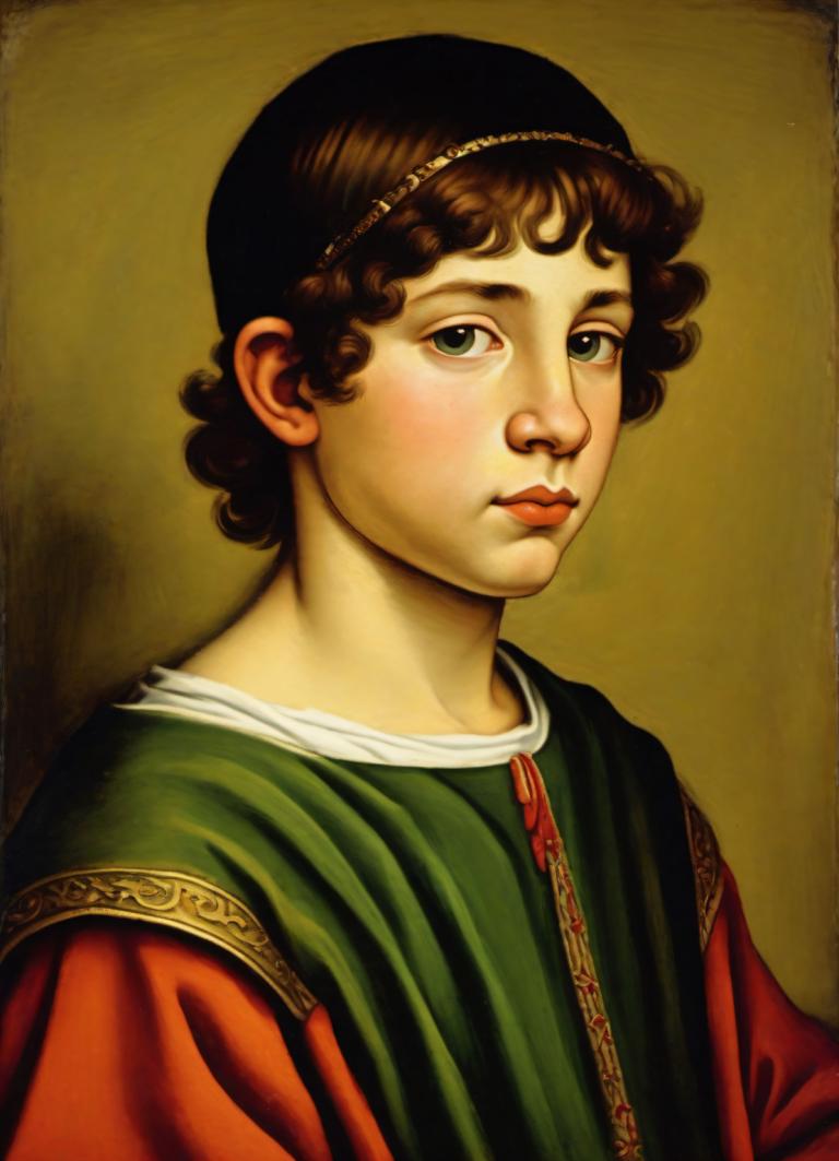 Tempera,Tempera, People, medieval european boy, portrait, solo, fine art parody, brown hair, realistic