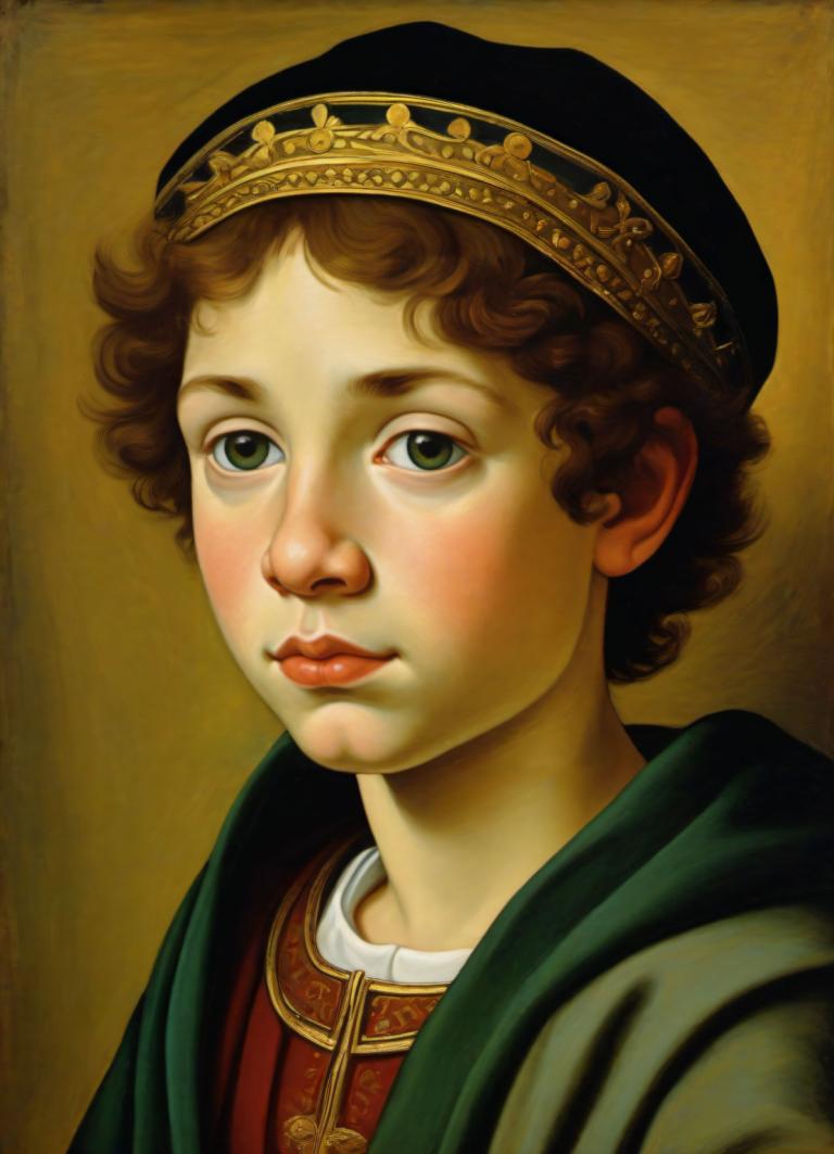 Tempera,Tempera, People, medieval european boy, portrait, solo, realistic, male focus, green eyes, brown hair