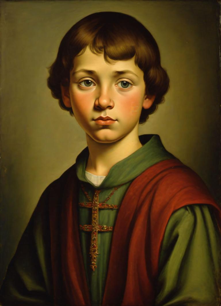 Tempera,Tempera, People, medieval european boy, portrait, solo, brown hair, realistic, fine art parody