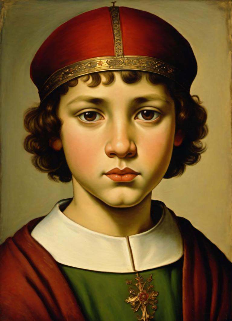 Tempera,Tempera, People, medieval european boy, portrait, solo, hat, brown eyes, brown hair, fine art parody