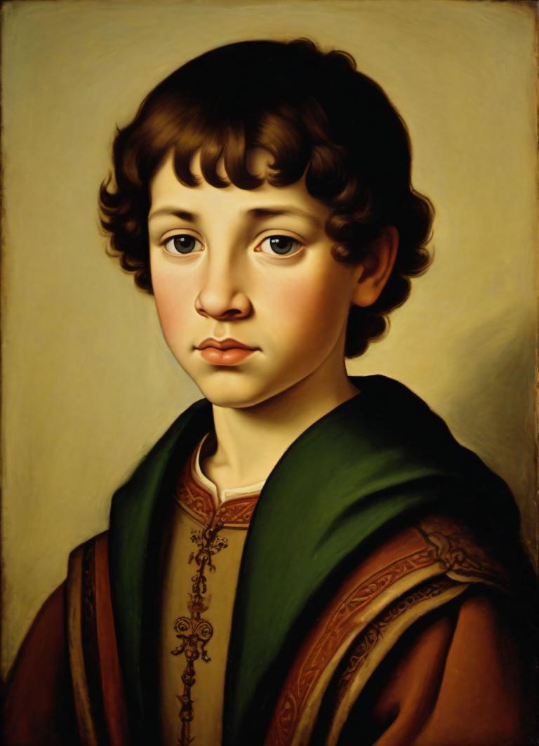 Tempera,Tempera, People, medieval european boy, portrait, solo, brown hair, male focus, 1boy, realistic