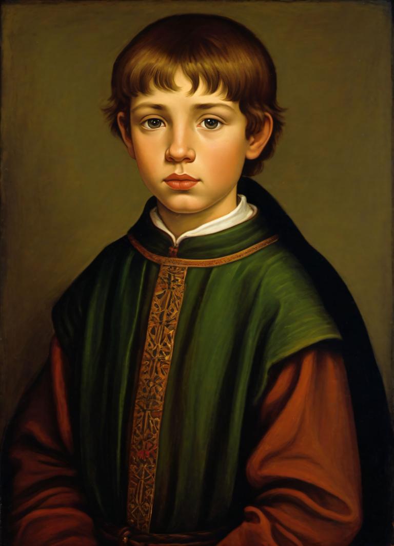 Arc Csere, Classical Portrait, Tempera, People, medieval european boy, portrait, solo, brown hair, realistic, male focus, 1boy, looking at viewer, brown eyes, upper body, short hair, brown background, long sleeves, tunic, closed mouth