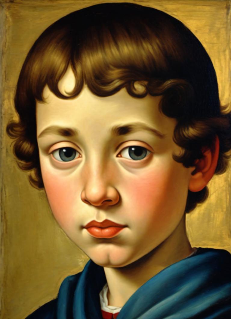 Tempera,Tempera, People, medieval european boy, portrait, solo, brown hair, realistic, male focus, blue eyes