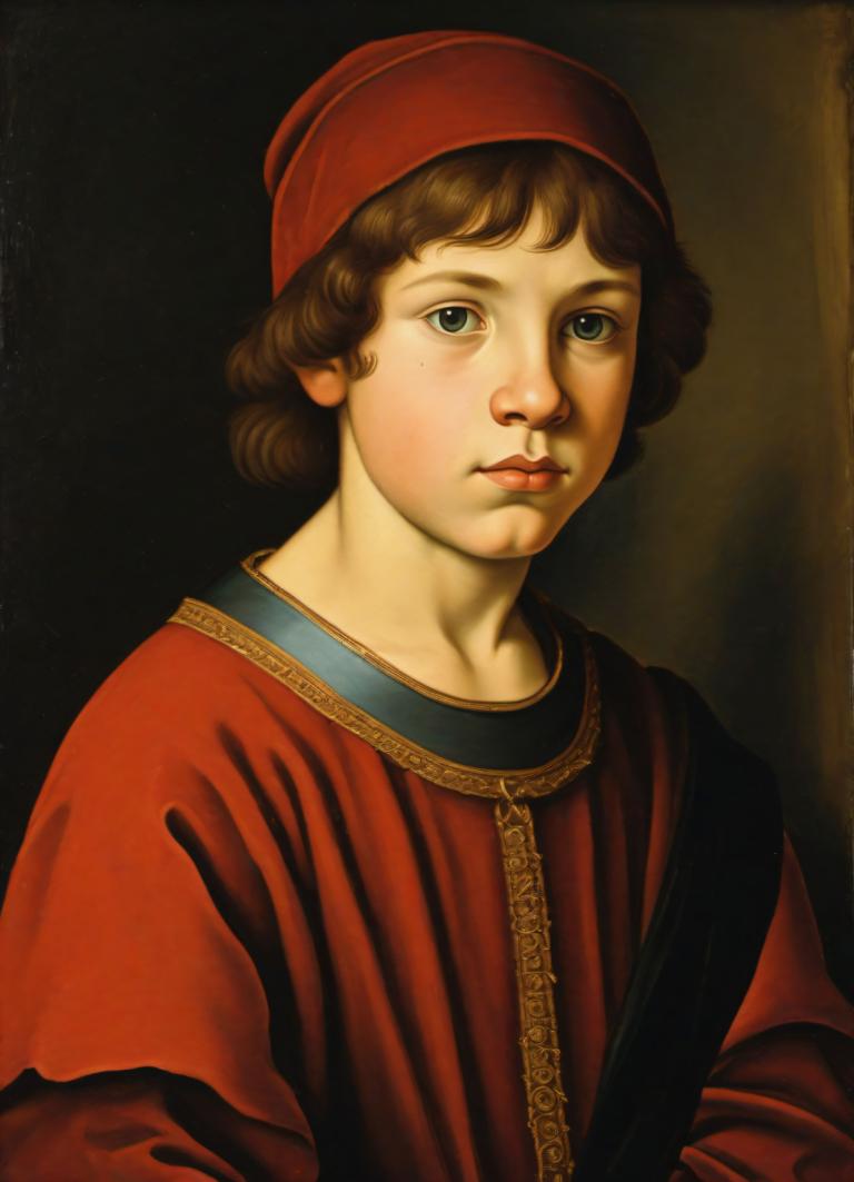 Tempera,Tempera, People, medieval european boy, portrait, solo, brown hair, fine art parody, realistic, hat