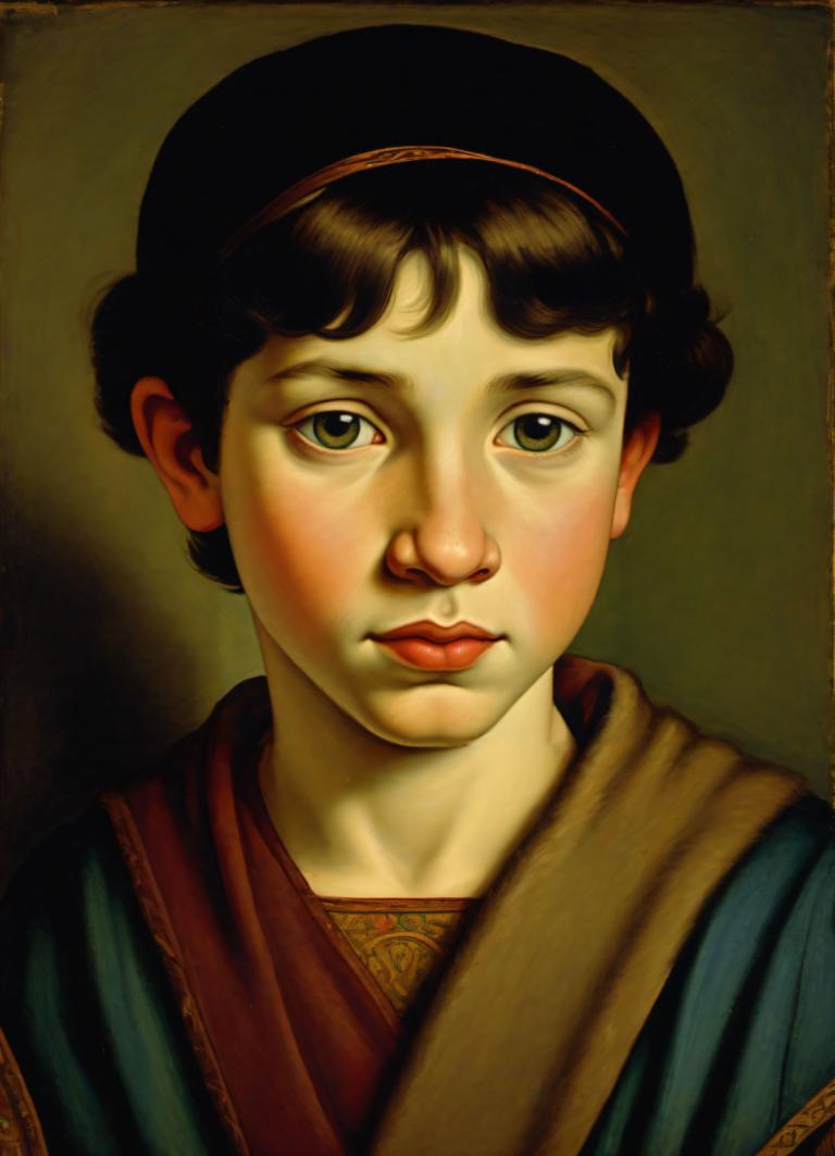 Tempera,Tempera, People, medieval european boy, portrait, solo, fine art parody, 1girl, realistic, brown hair