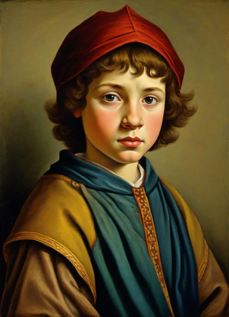 Tempera,Tempera, People, medieval european boy, portrait, solo, brown hair, realistic, fine art parody