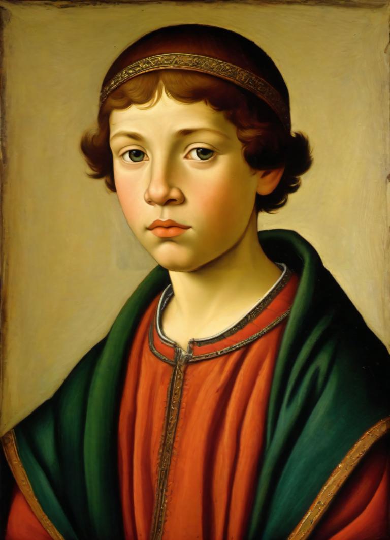 Tempera,Tempera, People, medieval european boy, portrait, solo, fine art parody, brown hair, realistic