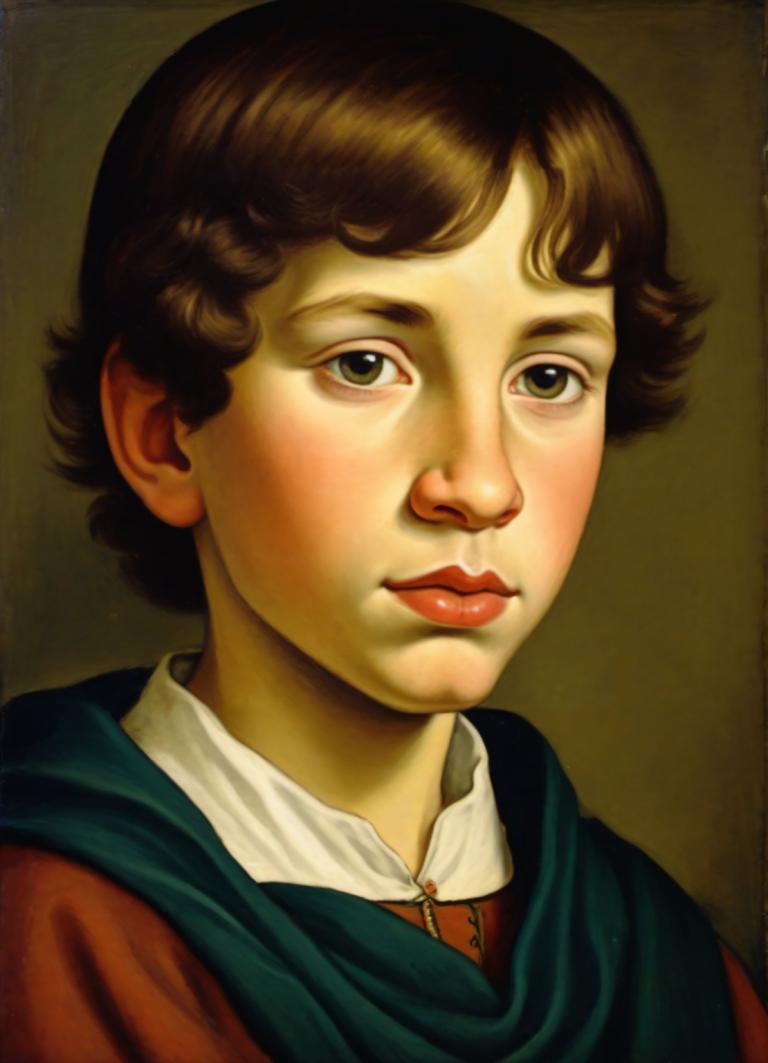 Tempera,Tempera, People, medieval european boy, portrait, solo, brown hair, realistic, brown eyes, short hair