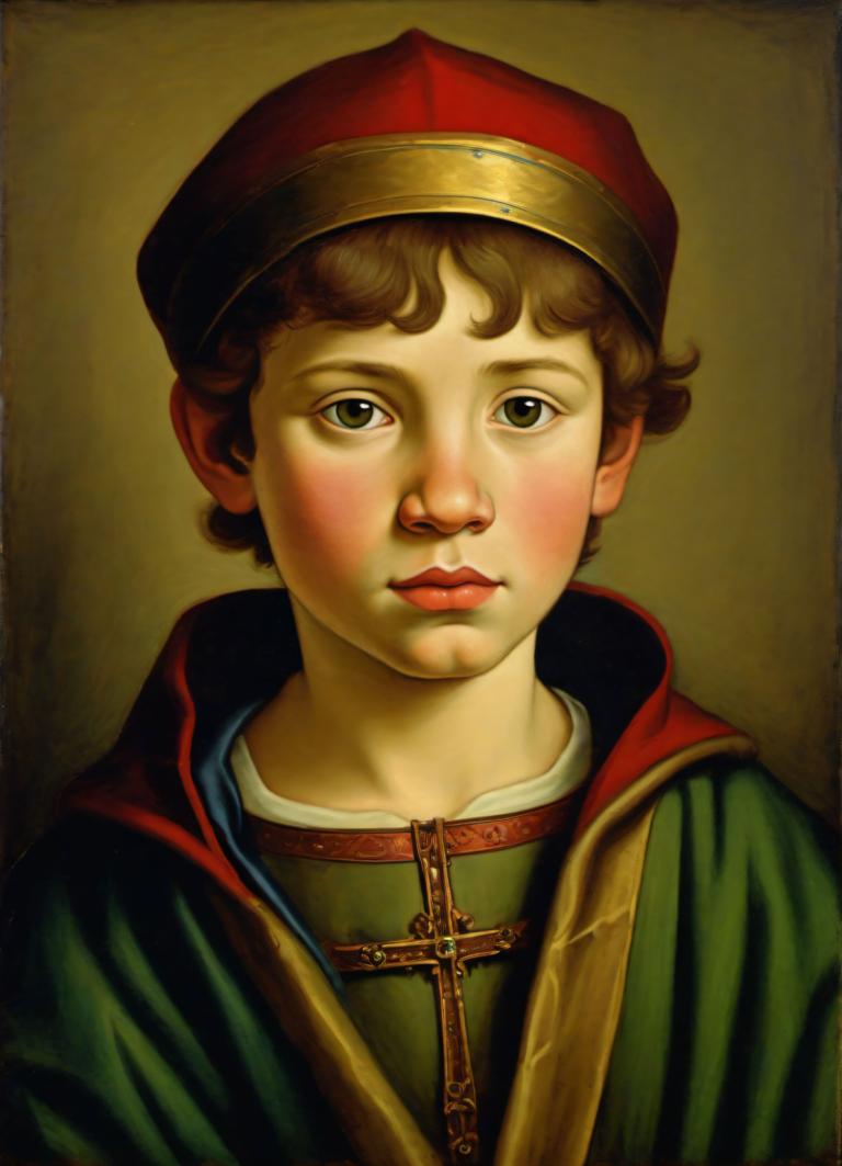 Tempera,Tempera, People, medieval european boy, portrait, solo, male focus, 1boy, hat, brown hair, realistic