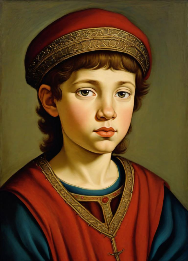 Tempera,Tempera, People, medieval european boy, portrait, solo, brown hair, male focus, hat, 1boy, realistic