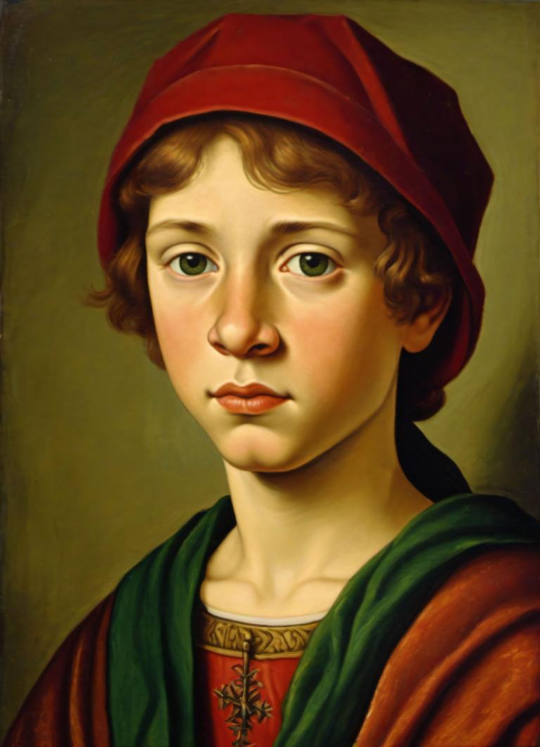 Tempera,Tempera, People, medieval european boy, portrait, solo, male focus, brown hair, 1boy, green eyes