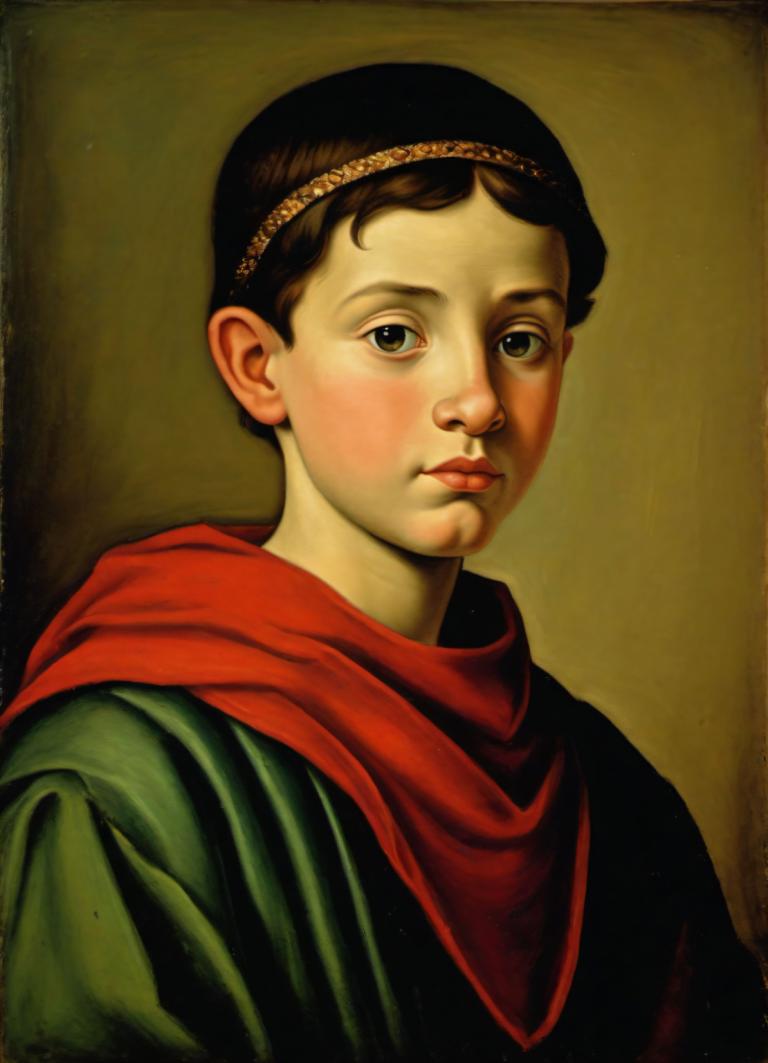 Tempera,Tempera, People, medieval european boy, portrait, solo, male focus, 1boy, realistic, fine art parody