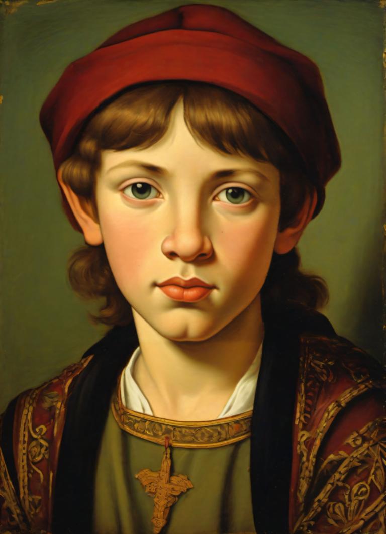 Tempera,Tempera, People, medieval european boy, portrait, solo, fine art parody, brown hair, realistic