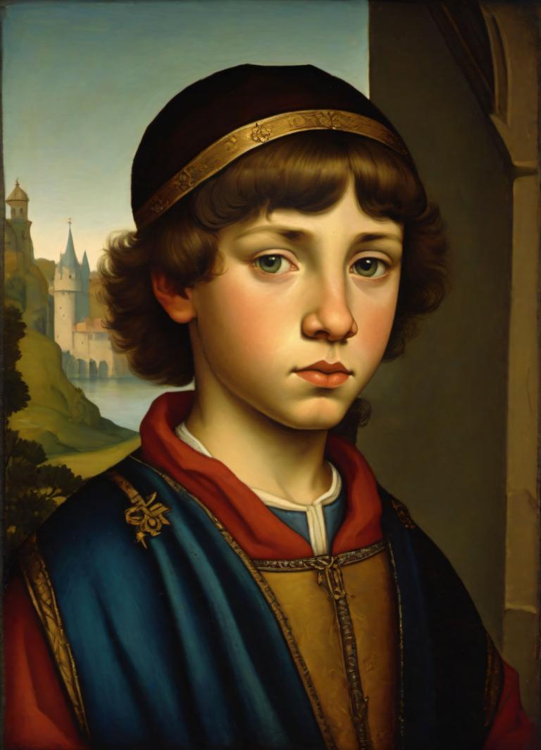 Tempera,Tempera, People, medieval european boy, portrait, solo, brown hair, fine art parody, hat, castle