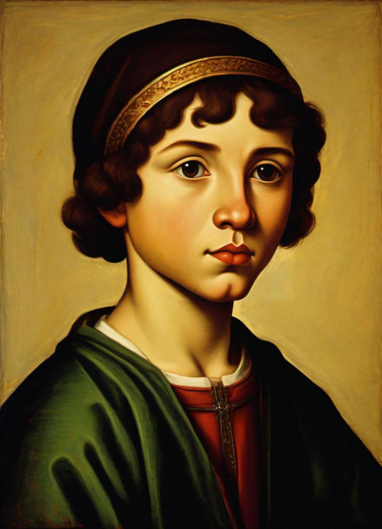 Tempera,Tempera, People, medieval european boy, portrait, solo, fine art parody, realistic, brown hair, 1girl