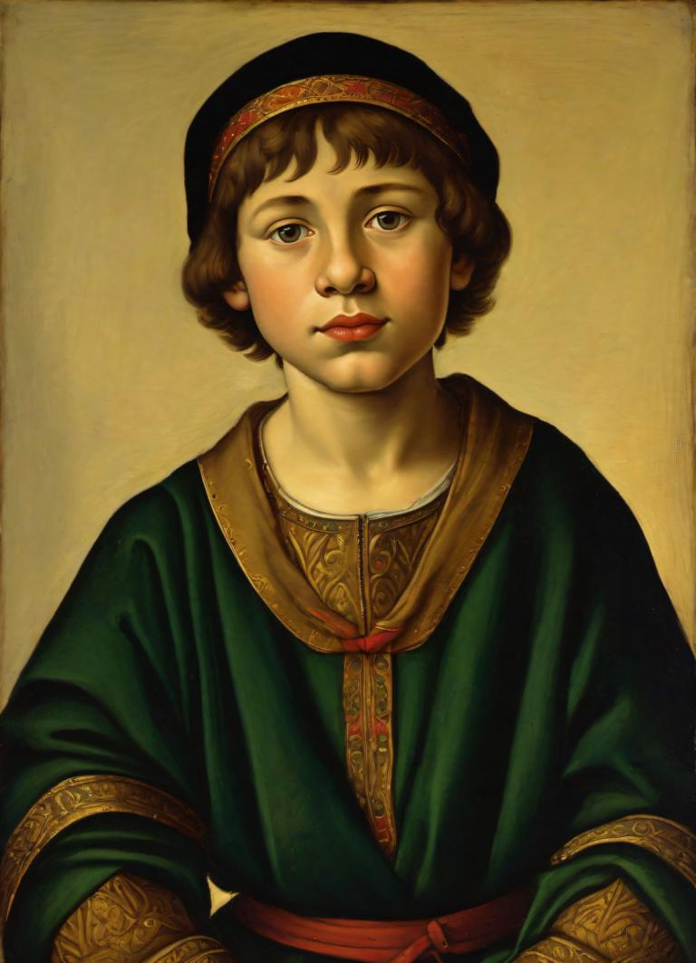 Tempera,Tempera, People, medieval european boy, portrait, solo, brown hair, fine art parody, hat, realistic