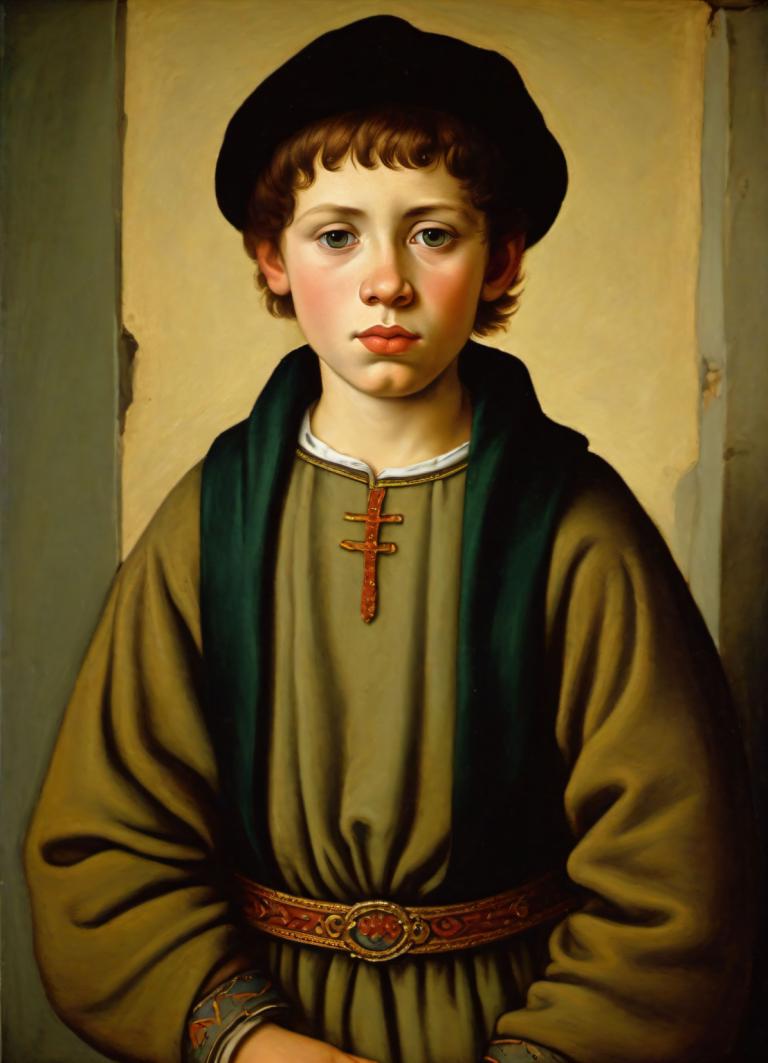 Tempera,Tempera, People, medieval european boy, portrait, solo, realistic, brown hair, fine art parody, hat