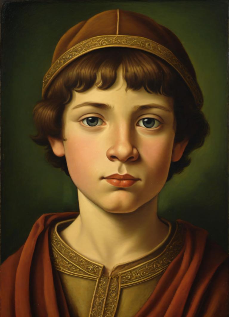 Tempera,Tempera, People, medieval european boy, portrait, solo, brown hair, realistic, fine art parody