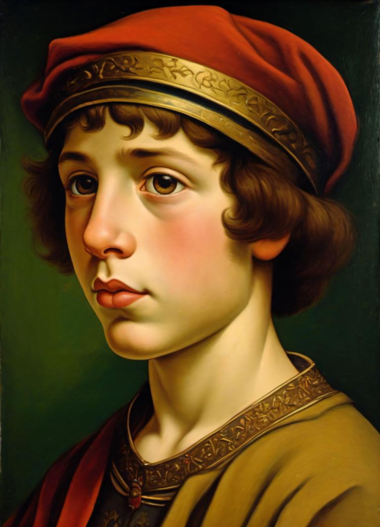 Tempera,Tempera, People, medieval european boy, portrait, solo, brown hair, brown eyes, 1girl, hat, realistic