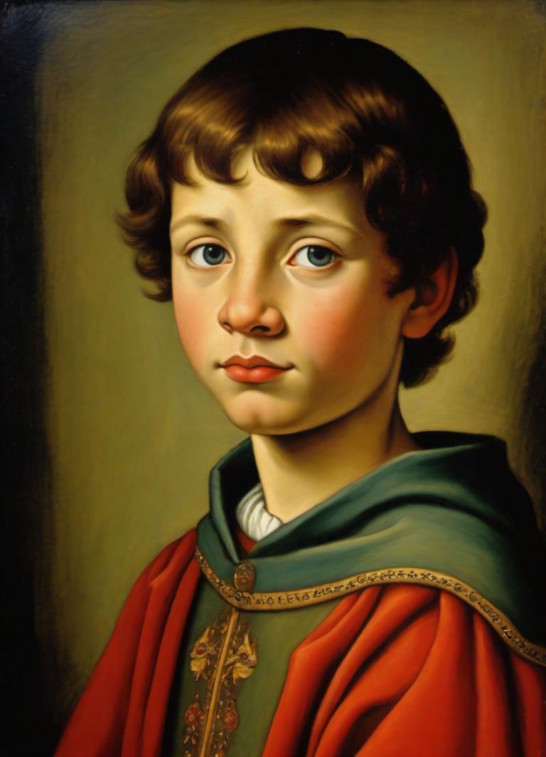 Tempera,Tempera, People, medieval european boy, portrait, solo, brown hair, blue eyes, fine art parody