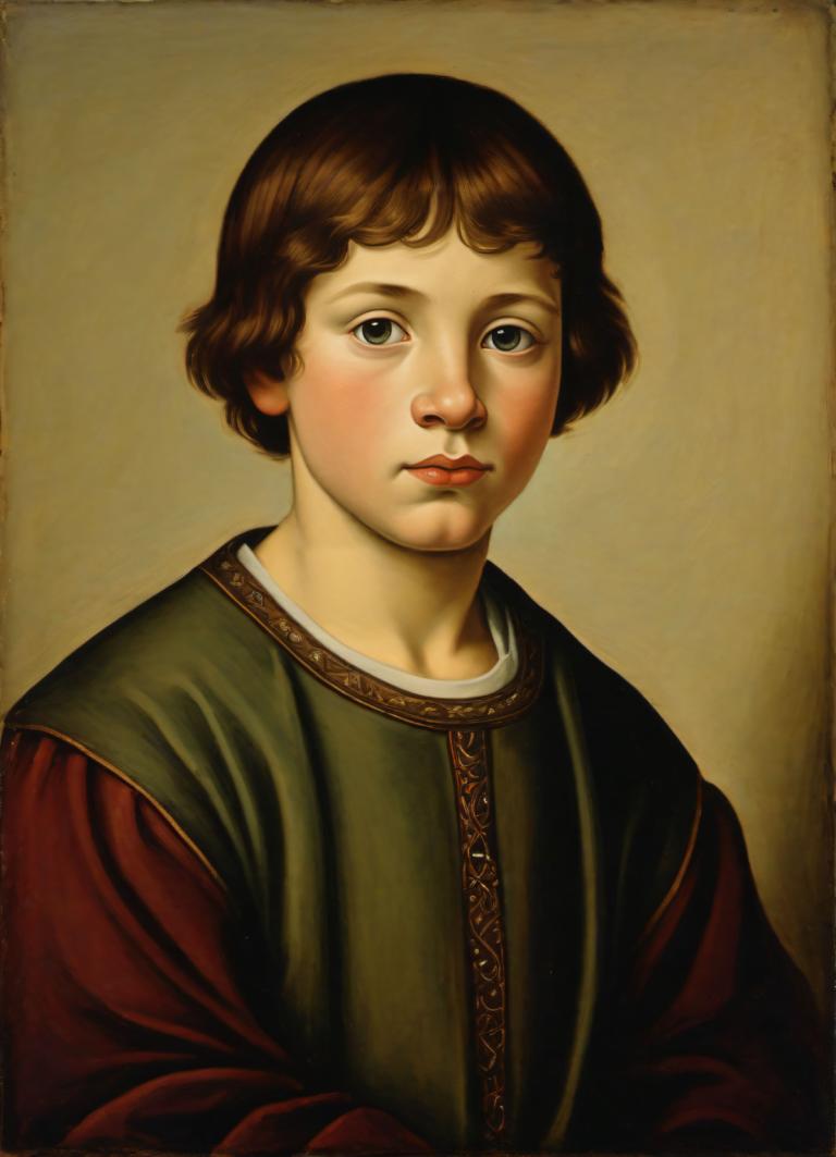 Tempera,Tempera, People, medieval european boy, portrait, solo, brown hair, realistic, fine art parody