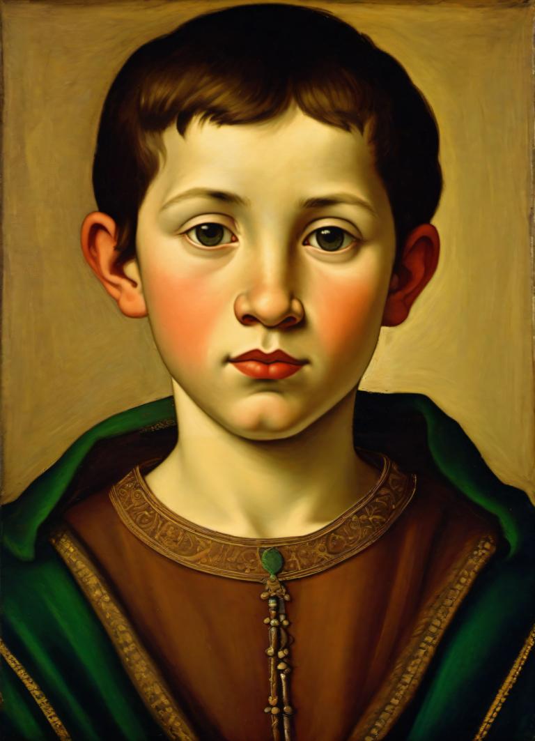 Intercambio de Rostro, Retrato clásico, Pintura al temple, Gente, niño medieval europeo, retrato, solo, enfoque masculino, 1 chico, realista, Pelo castaño, parodia de bellas artes, mirando al espectador, ojos negros, parodia, parte superior del cuerpo, rubor, boca cerrada