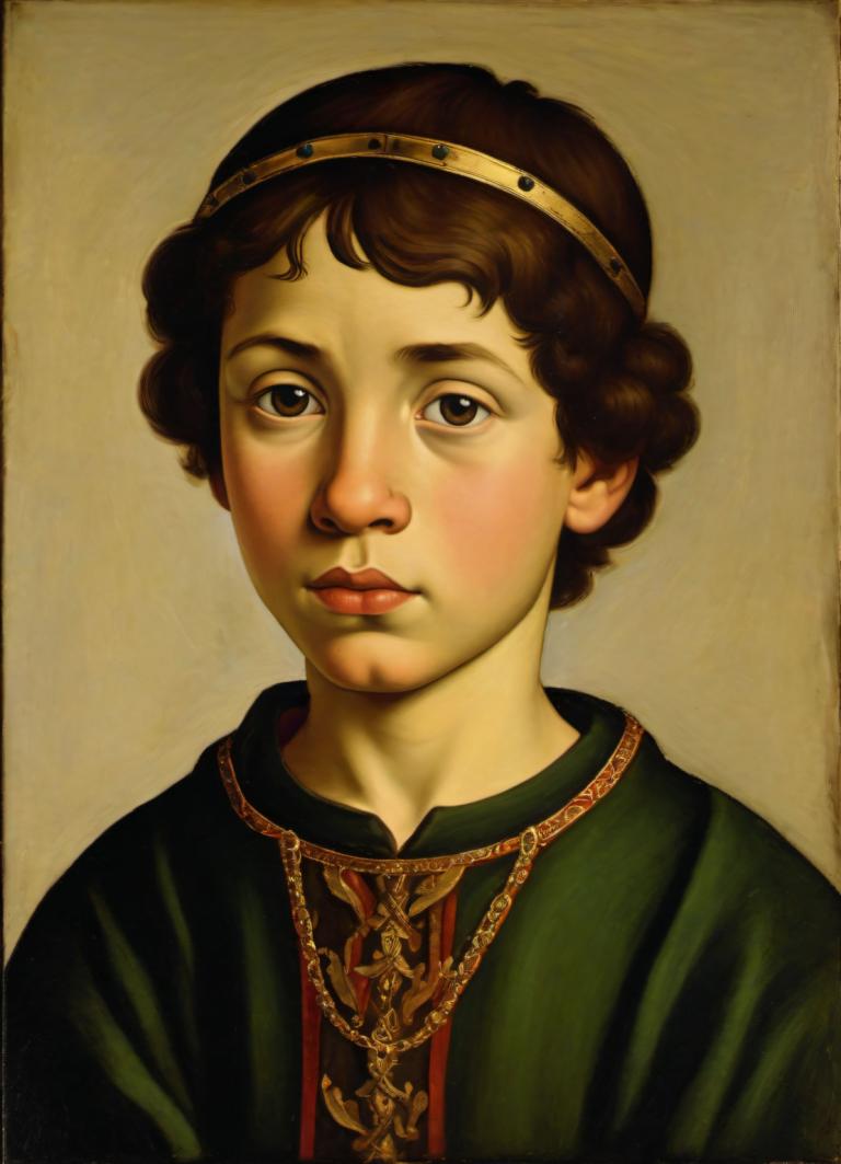 Tempera,Tempera, People, medieval european boy, portrait, solo, brown hair, realistic, fine art parody