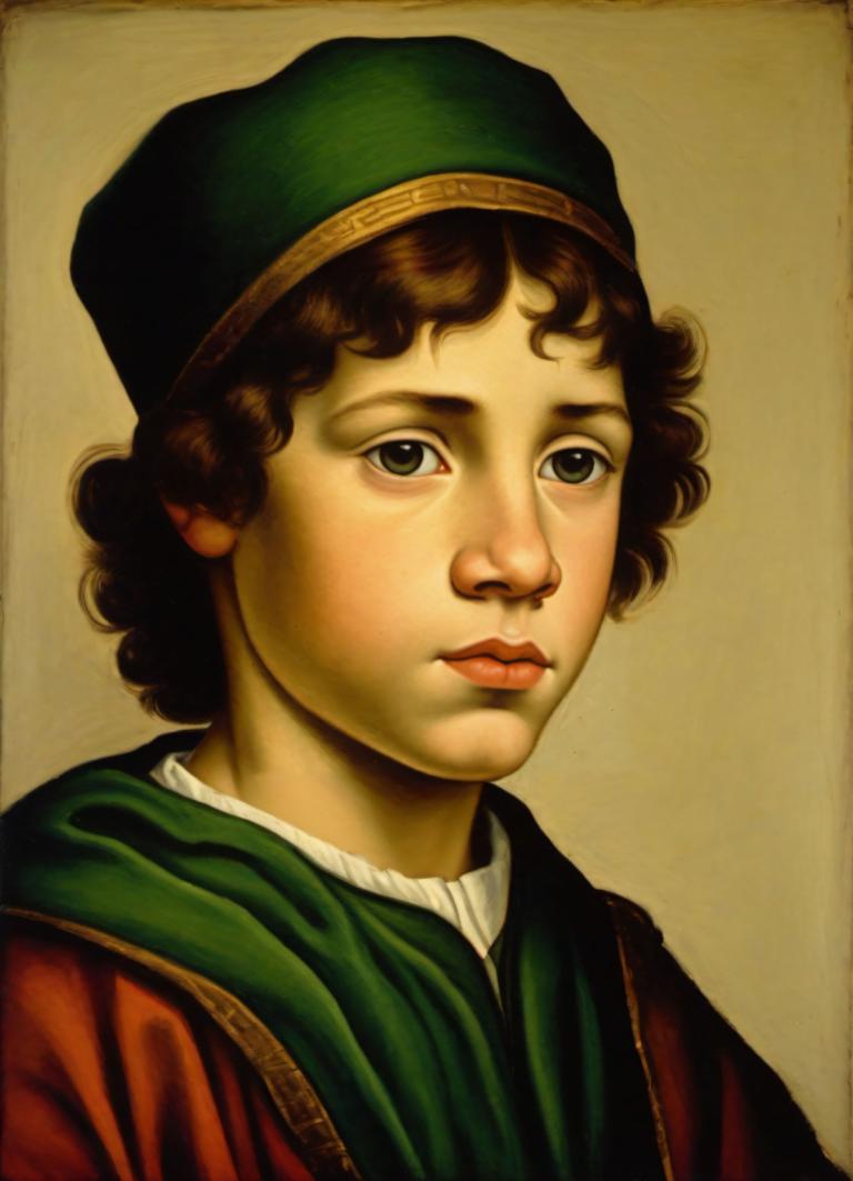 Tempera,Tempera, People, medieval european boy, portrait, solo, brown hair, fine art parody, hat, realistic