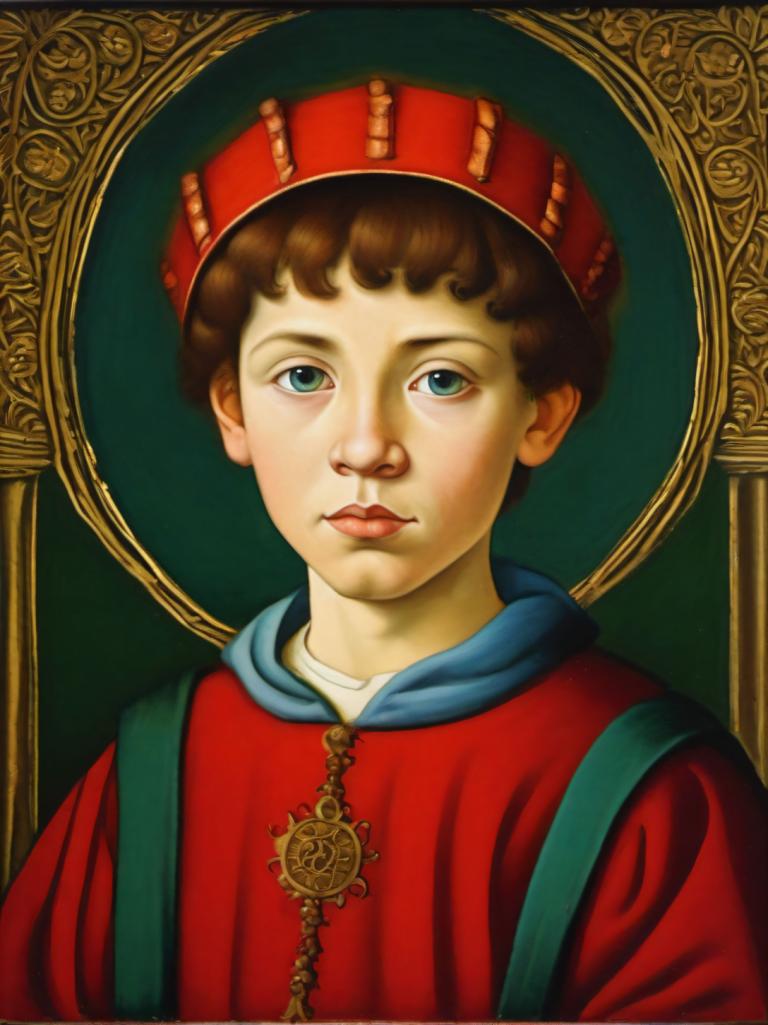 Tempera,Tempera, People, medieval european boy, portrait, solo, brown hair, male focus, 1boy, blue eyes