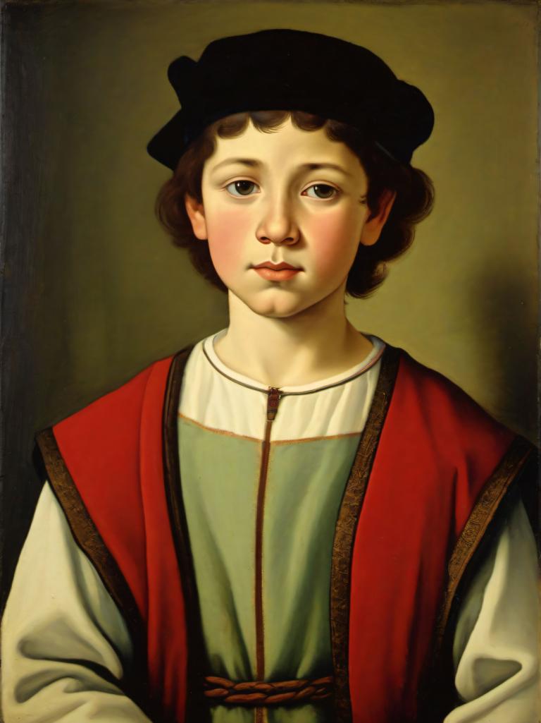 Tempera,Tempera, People, medieval european boy, portrait, solo, realistic, hat, brown hair, fine art parody