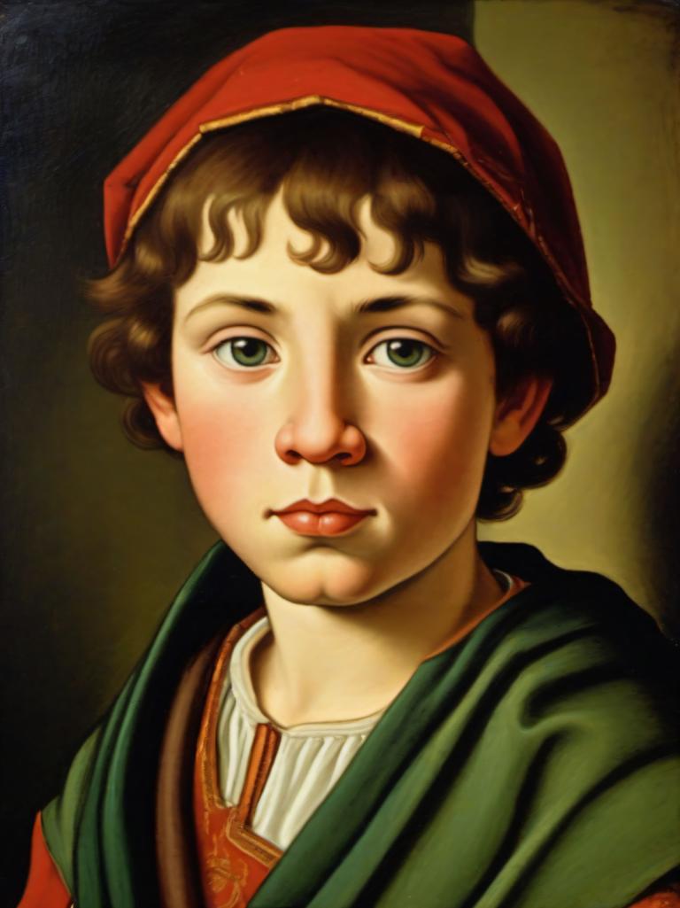 Tempera,Tempera, People, medieval european boy, portrait, solo, brown hair, green eyes, fine art parody