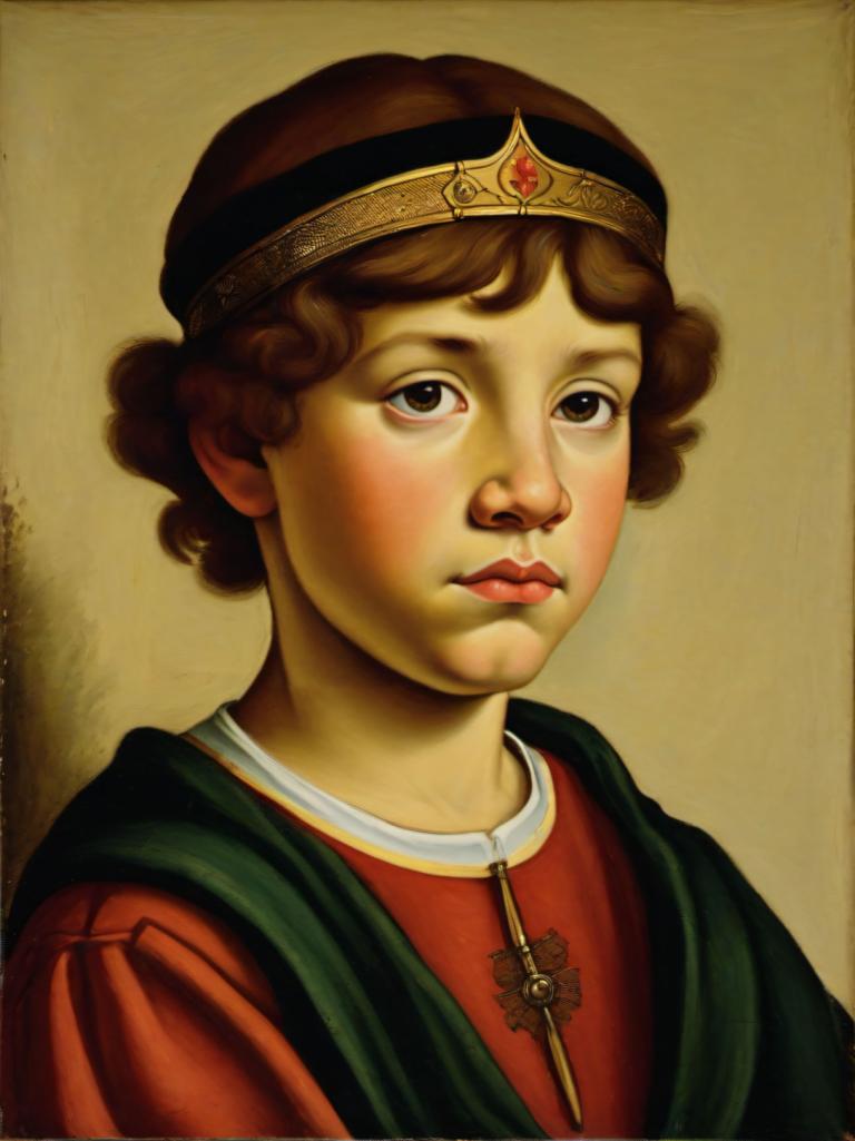 Tempera,Tempera, People, medieval european boy, portrait, solo, brown hair, realistic, brown eyes