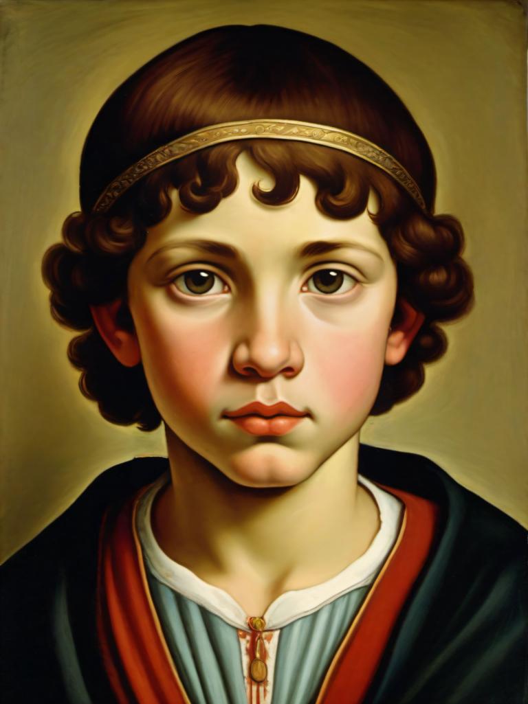 Tempera,Tempera, People, medieval european boy, portrait, solo, brown hair, fine art parody, realistic