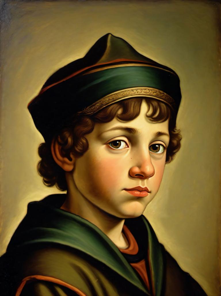 Tempera,Tempera, People, medieval european boy, portrait, solo, brown hair, hat, brown eyes, realistic