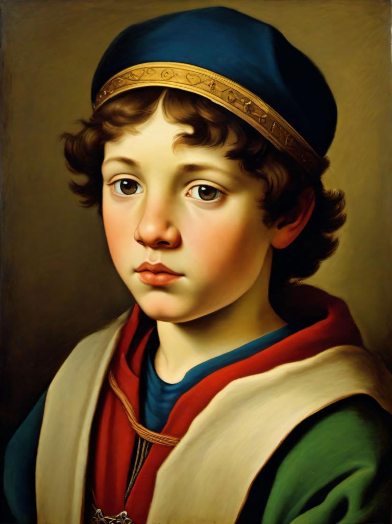 Tempera,Tempera, People, medieval european boy, portrait, solo, brown hair, male focus, brown eyes, hat, 1boy