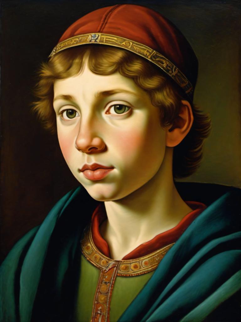 Tempera,Tempera, People, medieval european boy, portrait, solo, fine art parody, realistic, male focus, hat